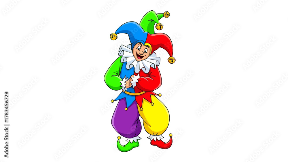 Naklejka premium Colorful jester with bells on cap and shoes