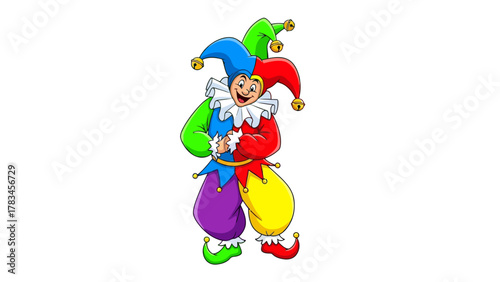 Colorful jester with bells on cap and shoes