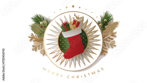 Festive christmas stocking overflowing with gifts and surrounded by pine branches snowflakes and a reindeer ornament