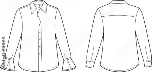 PrintLong sleeve women shirt technical fashion flat sketch, stylish blouse design front and back view, vector template, apparel illustration, garment design drawing
