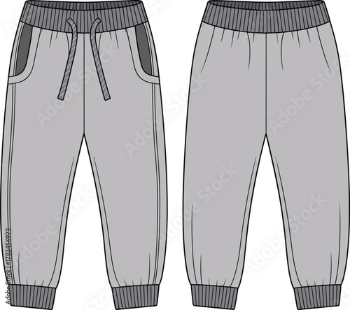 Gray jogger pants front and back view, ribbed waistband, drawstring, ribbed cuffs, side pockets, fashion apparel, cad drawing flat vector illustration