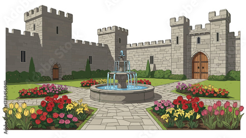 Courtyard with fountain and flower beds in front of castle walls