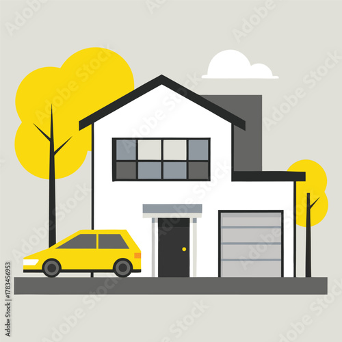 Illustration of a modern house with a car parked in front of the garage