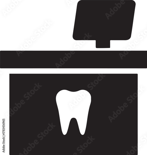 Silhouette of dental office reception desk featuring a small tooth logo, vector design.