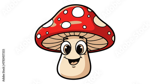 Friendly cartoon mushroom with a smiling face and red cap with white spots