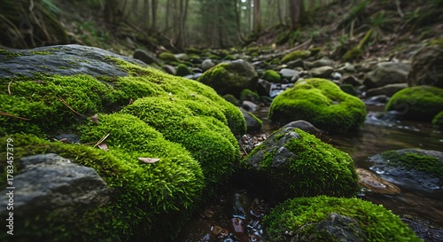 Vibrant green moss covering stones in a tranquil forest stream.