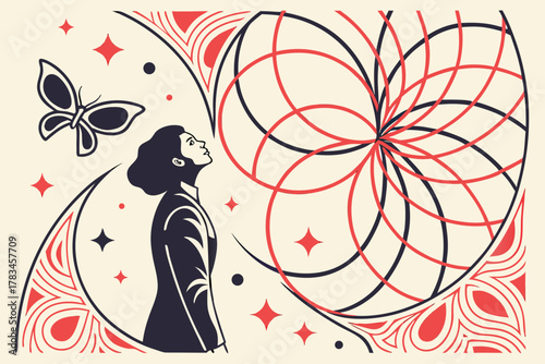 Woman gazes at a geometric flower with butterfly and stars in a dreamscape