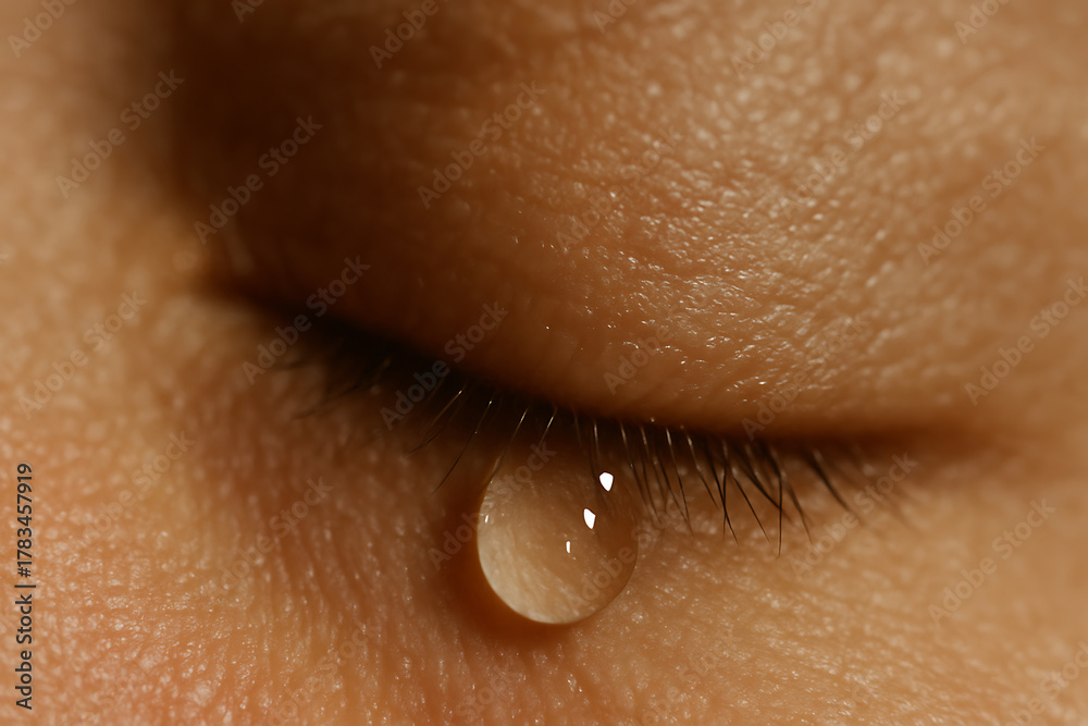 Fototapeta premium Emotional macro of a closed eye with a single tear resting on the skin. Fine textures, soft lighting, and delicate eyelashes convey vulnerability and intimate human emotion.