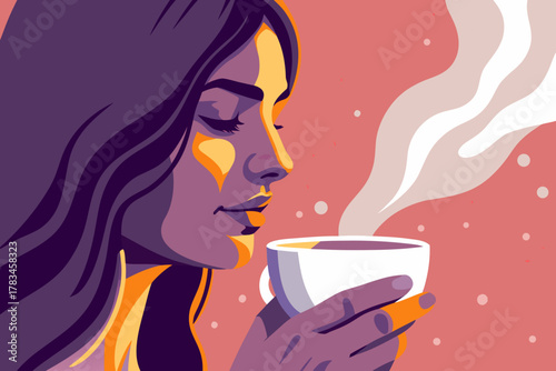 Side Profile Portrait of an Elegant Woman Holding a Coffee Cup