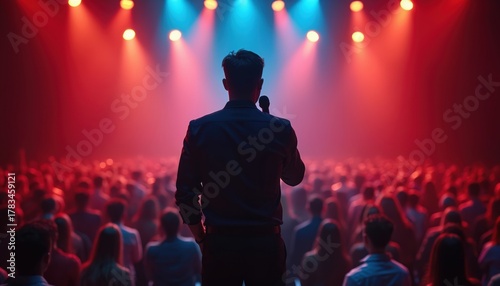 Comedian holds microphone on stage performing for audience. Lights shine red blue on performer and crowd enjoying show. Man tells jokes, entertains viewers.