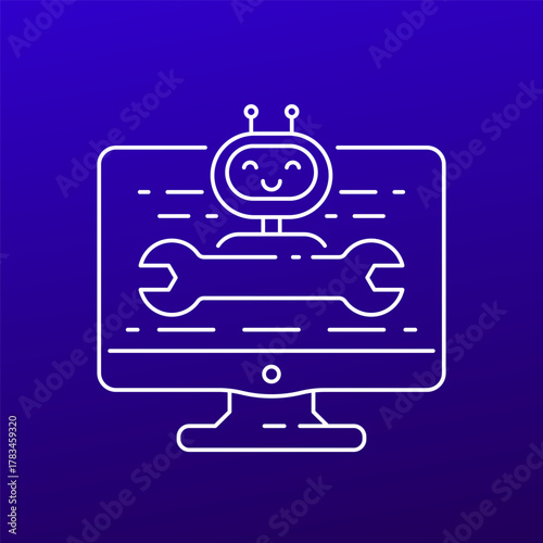 AI support icon with a robot and computer, line design on blue