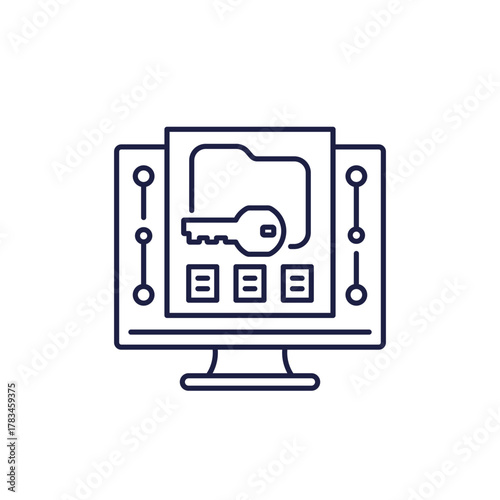 data encryption line icon with file folder and computer
