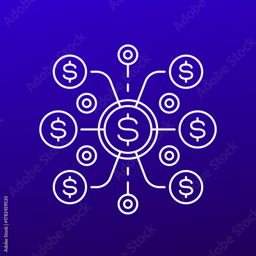 revenue streams icon, multiple income sources, money and finance thin line design