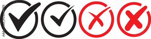 Check mark icon button set. Check box icon with right and wrong buttons and yes or no checkmark icons in green tick box and red cross. Isolated checkmark symbol