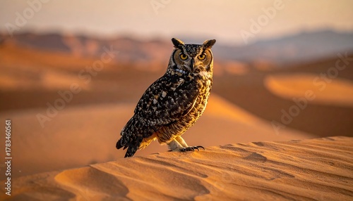Fototapeta Naklejka Na Ścianę i Meble -  An owl stands perched atop a dune, desert landscape in the background. Warm light illuminates the feathers and the sand