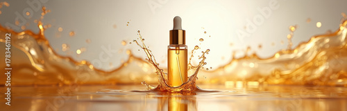 Facial serum bottle with golden liquid splash on light backdrop. Luxury skincare product for face treatment. Hydrating, nourishing beauty cosmetic oil demonstration with bubbles. Promotion of premium
