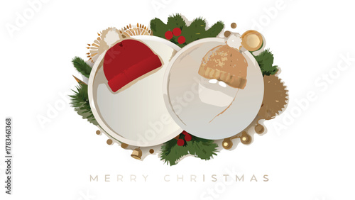 Festive christmas ornaments with red and tan beanies nestled among pine sprigs and holly berries