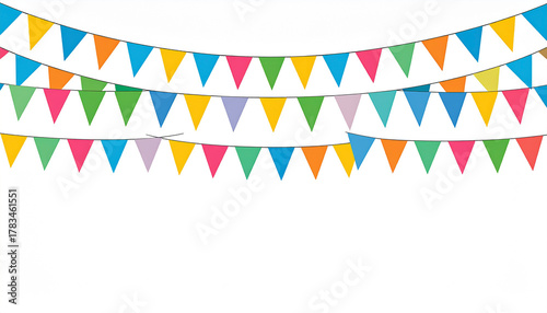 Colorful triangular party flags on a white background