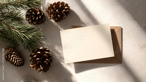Christmas card mockup beside pine decor, neutral lighting and clean composition, professional commercial layout