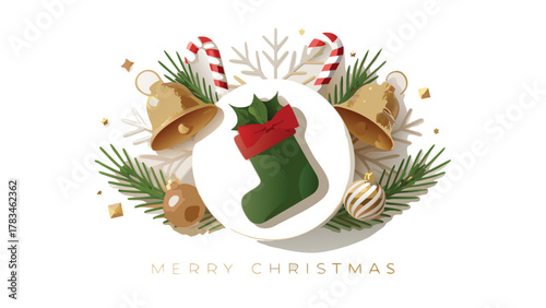 Festive christmas decoration with a green stocking candy canes bells snowflakes and ornaments on a white background with merry christmas text