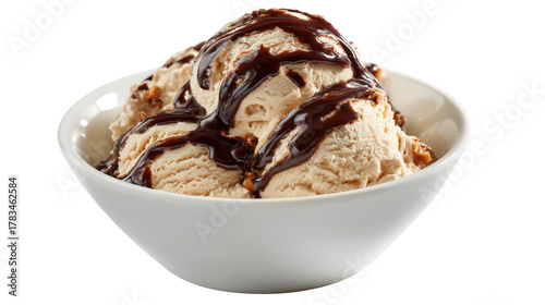 A bowl of peanut butter ice cream topped with chocolate sauce, sitting on a clean for a decadent treat isolated on a Transparent background, PNG file.