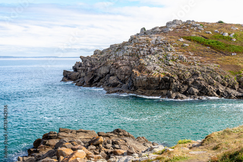 View of the cliffs around Pointe du Millier, in Finistère, Brittany, France.