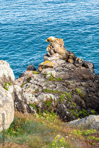 View of the cliffs around Pointe du Millier, in Finistère, Brittany, France.