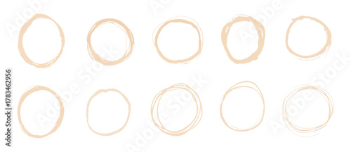 Set of ten beige coffee cup stains or tea rings isolated on white background vector illustration for cafe menu card or restaurant banner design