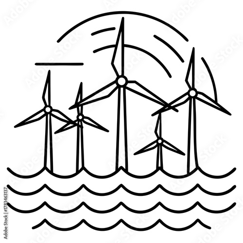 Outline illustration of wind turbines in the sea