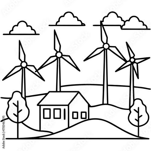 Wind turbines and a house on a hill