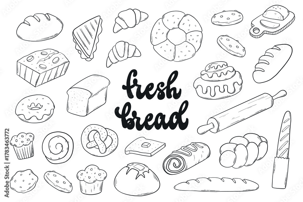 Fototapeta premium Bread doodles, bakery theme cartoon elements, stickers, clipart for coloring pages, stickers, signs, prints, banners, cards, etc. EPS 10