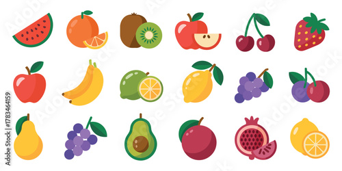 Modern flat fruit icon collection with vibrant colors, showcasing watermelon, lemon, banana, cherry, apple, orange, grape, strawberry, and pomegranate.