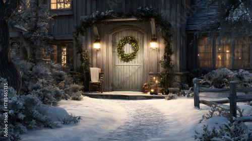 Cottage entrance with wreath and snow trail, atmospheric glow and rustic charm