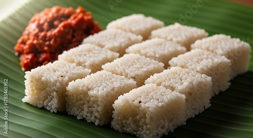 Squares of Steamed White Rice Cake (Kiribath or Puttu) Served with Spicy Red Sambol on a Banana Leaf