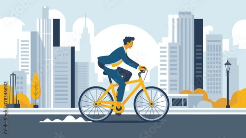 A man in a suit riding a yellow bicycle on a city street with tall buildings in the background scenery
