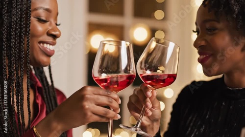 Two happy African American women clinking glasses of red wine