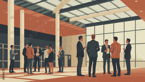 A group of business people are talking to each other in a large office space with many windows