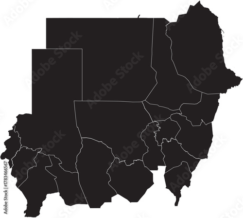 Simple Map of Sudan with Administrative Borders and Internal Regions in Black Layout