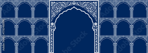 Set of windows Beautiful Arch small and Big Design with Indian Rajasthani fort and Culture. Wedding Backdrop and other uses. Abstract Indian floral design, Persian carpet, tribal texture, Vector File.
