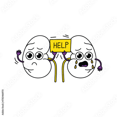 Cartoon kidneys holding a HELP sign one crying one waving illustrating kidney disease or distress.