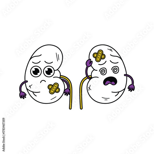 Cartoon kidneys with bandages and sad expressions.