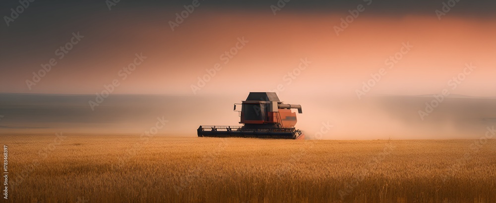 Fototapeta premium Combine harvester harvesting wheat across a golden amber field.