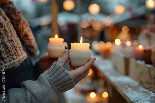 At a winter fair, a vendor holds two glowing handmade candles. Warm light fills the surroundings, enhancing the festive atmosphere. Shoppers enjoy the cozy setting and holiday spirit
