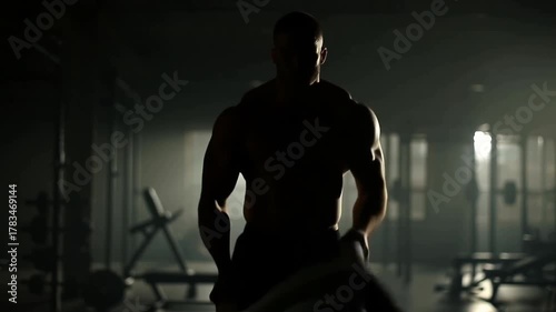 Silhouette of a muscular individual exercising in a dimly lit gym. The person is working out with ropes, suggesting a focus on strength and endurance Stock Video