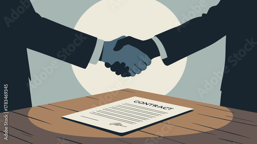 Illustration of two people shaking hands over a contract on a table with a light background circle