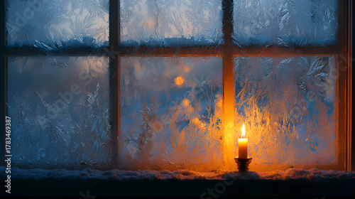 Frosty window with candle silhouette behind, warm diffusion glow and poetic winter calm