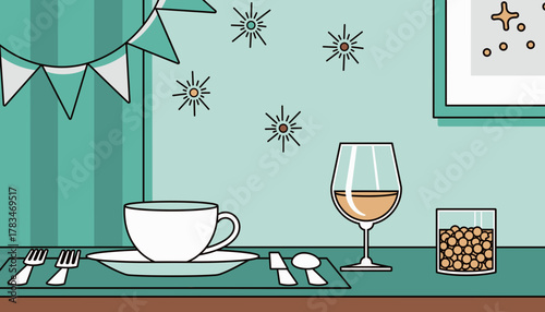 Table setting with cup and wine glass for Hogmanay, New Year  