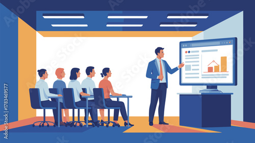 A presenter giving a presentation to a group of people with a graph displayed on a computer screen