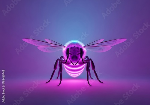 Neon irradiated insect with luminous wings and striking purple luminescence on a gradient backdrop