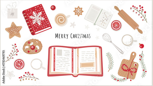 Cozy christmas baking scene with open recipe book gingerbread cookies coffee and festive decorations